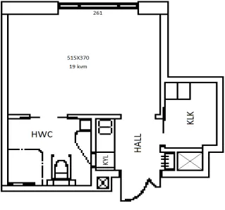 Ritning av lägenhet. Klädkammare till höger om ingången, kyl till vänster i hallen. Rum på 19 kvadratmeter med ett fönster, badrum med WC och dusch.